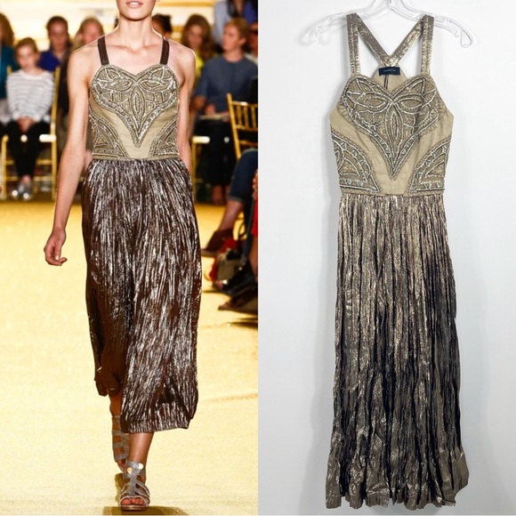 Thakoon Runway Sleeveless Embroidered Metallic Swingy Midi Dress Bronze - Picture 1 of 10